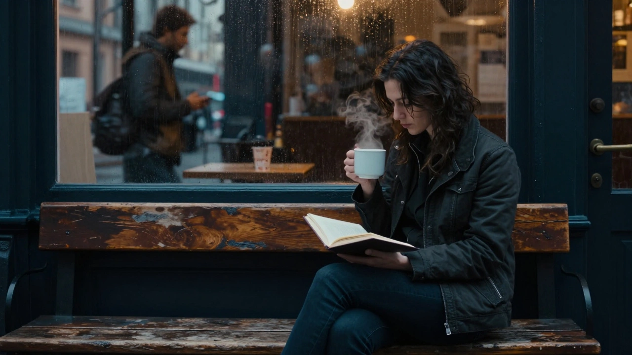 A solo traveler sitting alone at a café, journaling in the rain, surrounded by quiet solitude.