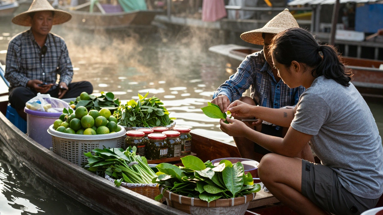 A traveler learns to bruise kaffir lime leaves from a guide in a floating market at dawn in Bangkok.