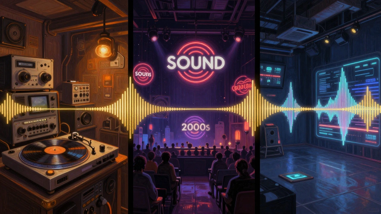 A triptych illustrating Ministry of Sound’s evolution from 1990s club to global brand to tech-integrated venue, connected by a golden soundwave.