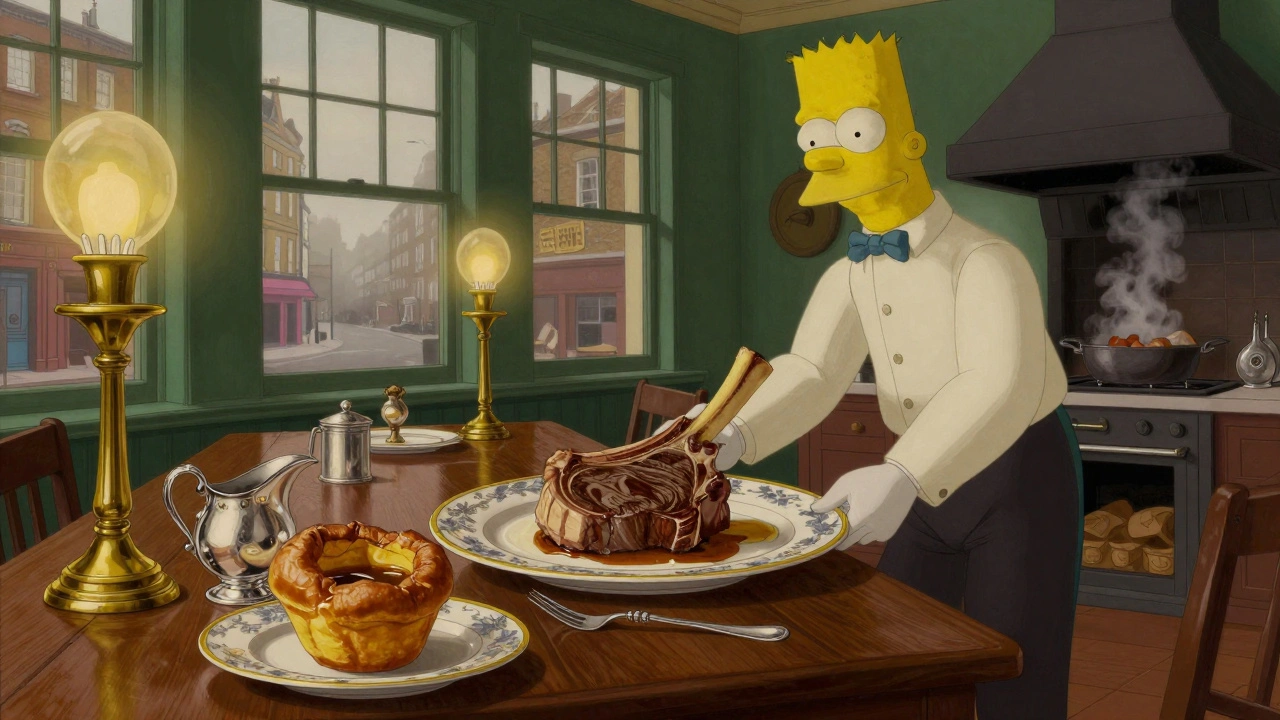 A Victorian-era dining room with a massive beef chop served on a wooden table under gas lamps, steam rising from the plate.