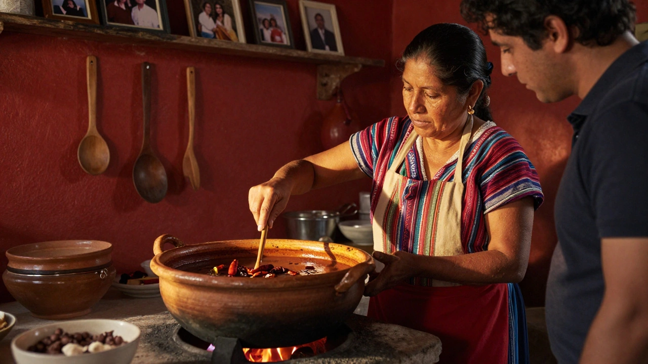 A woman stirs mole in a clay pot as a traveler learns to cook alongside her in a sunlit Oaxacan kitchen.