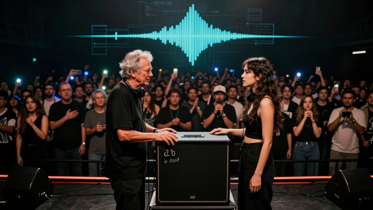 An elderly sound engineer and young female DJ stand together on stage, surrounded by a diverse crowd, with digital waveforms floating in the air.