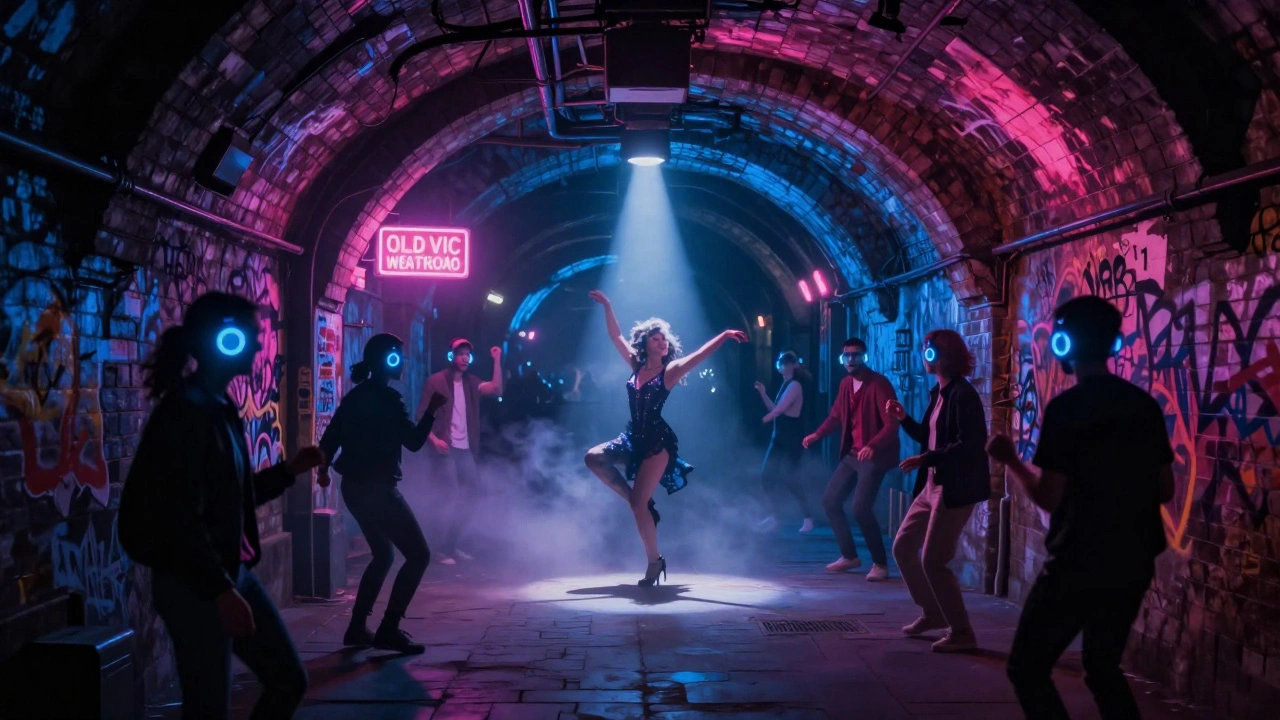 An underground silent disco in a historic railway tunnel with glowing dancers and neon-lit brick walls.