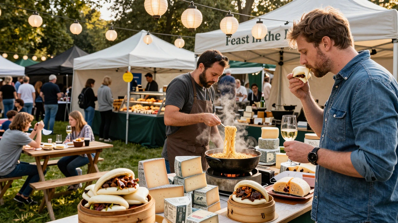 Artisanal food stalls at Hyde Park's Feast in the Park market offering braised buns, hand-pulled noodles, and rare British cheeses.