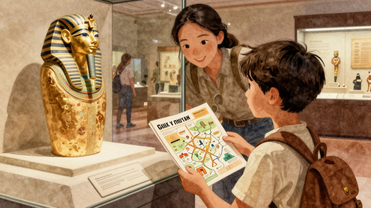 Child using treasure hunt map at British Museum with museum guide.