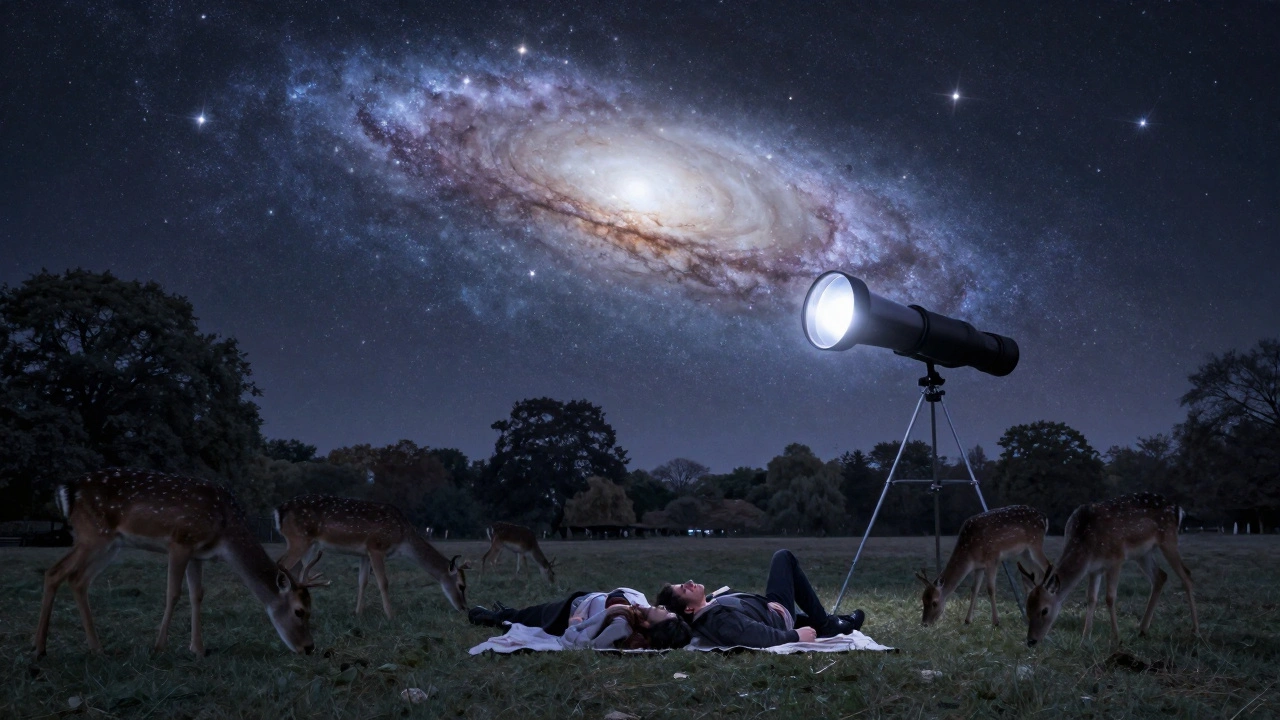 Couple stargazing under a night sky in Richmond Park, deer nearby, galaxy visible above them.