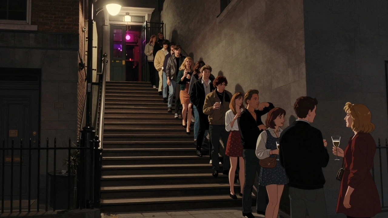 Crowd lining the narrow staircase to Heaven Night Club's entrance, warm streetlights and glowing doorway ahead.