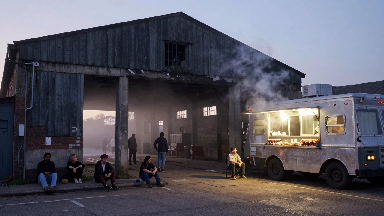 Dawn outside an old railway shed, people leaving after a night of music, food truck nearby.