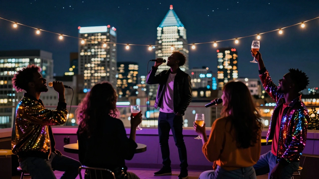 People singing on a rooftop karaoke deck at night with London skyline glowing behind them.