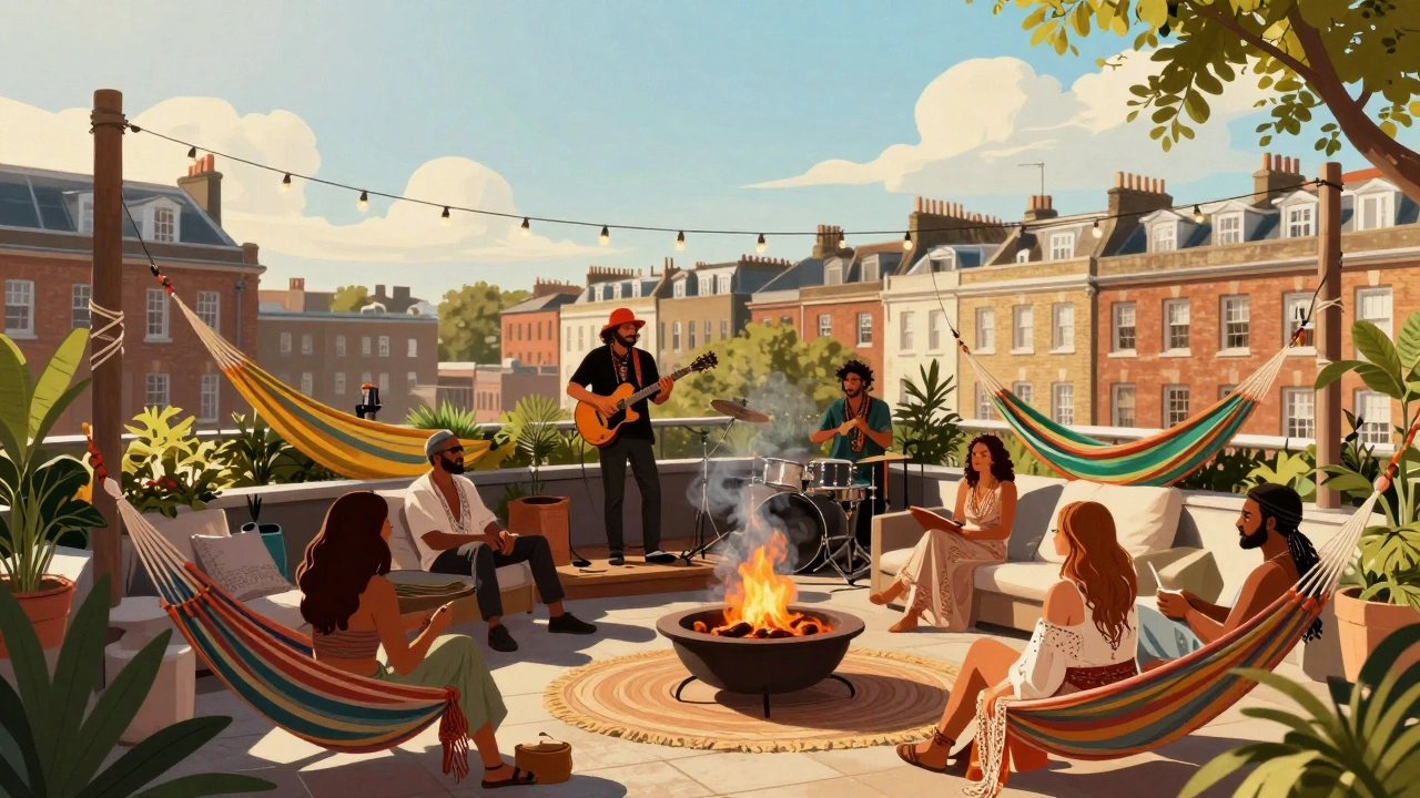 Reggae band on Zetter Townhouse rooftop with hammocks and fire pit.
