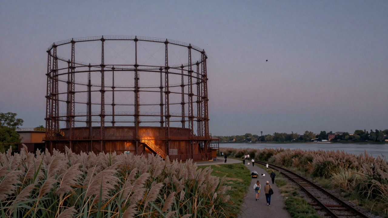 Rusted gas holders at Gas Works Park glowing softly at twilight, with people and birds along winding trails.
