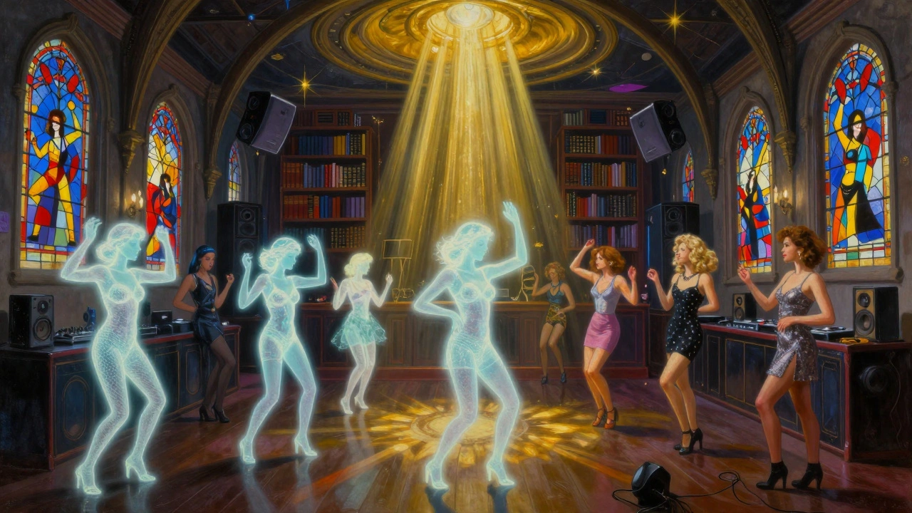 Surreal vision of Heaven Night Club as a floating cathedral of sound, with spectral dancers from different eras.