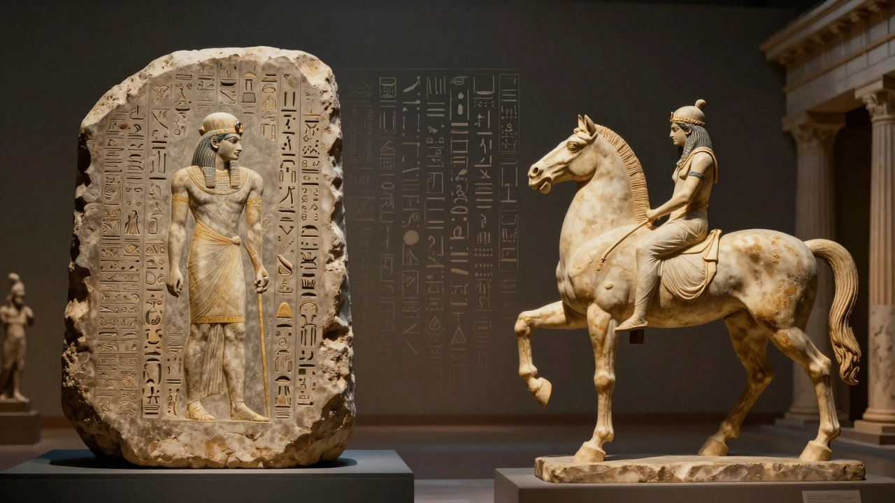 The Rosetta Stone and Parthenon Sculptures glow under dramatic museum lighting, with faint ancient patterns floating between them.