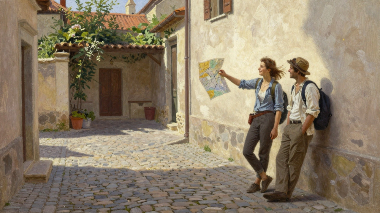 Two friends exploring a village street, one admiring a courtyard while the other waits respectfully.