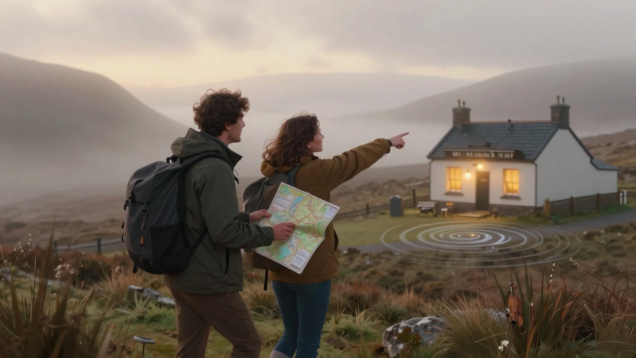 Two friends walking through misty Scottish highlands, one with a map, the other pointing to a cozy pub.