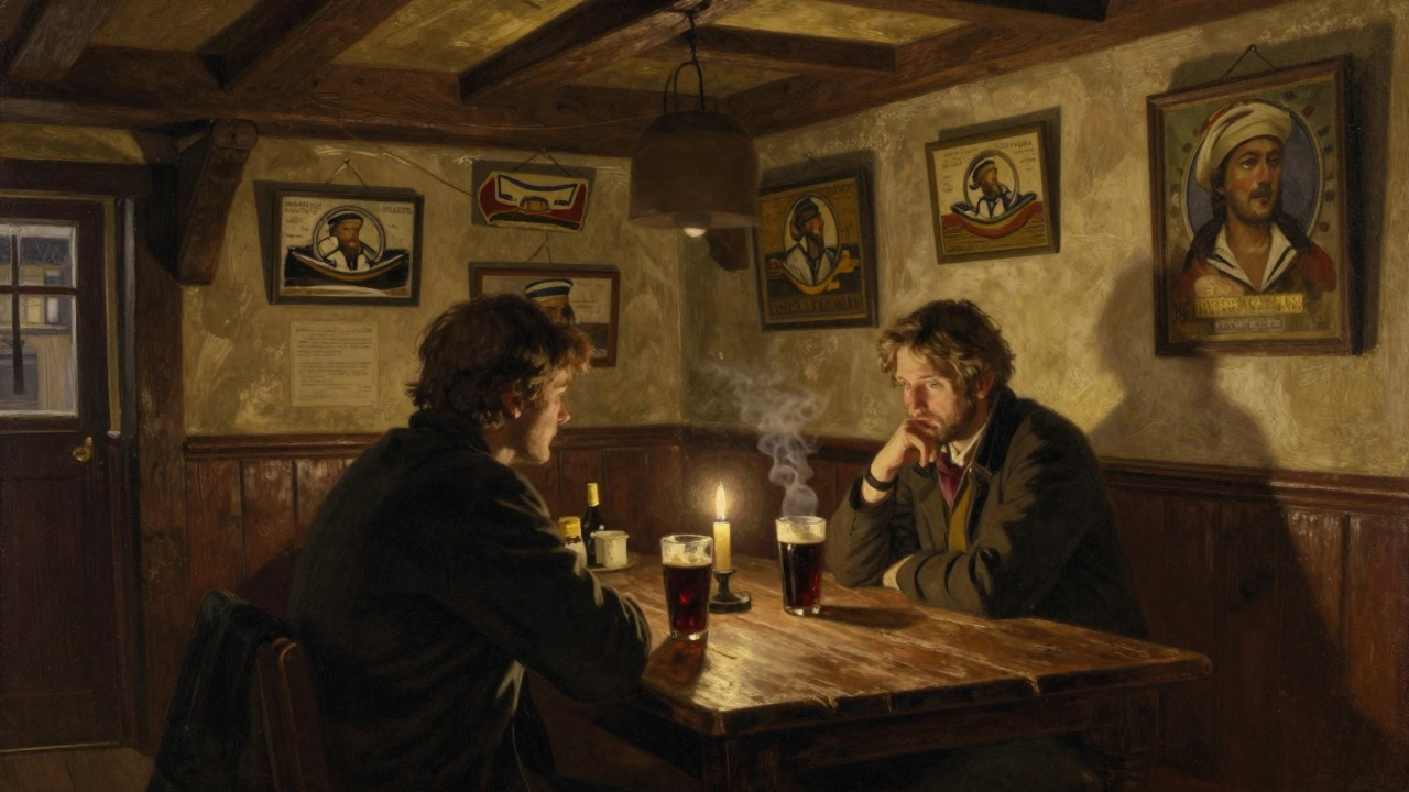 Two people enjoying a dark stout in a cozy, historic riverside pub with wooden walls and sailor memorabilia.