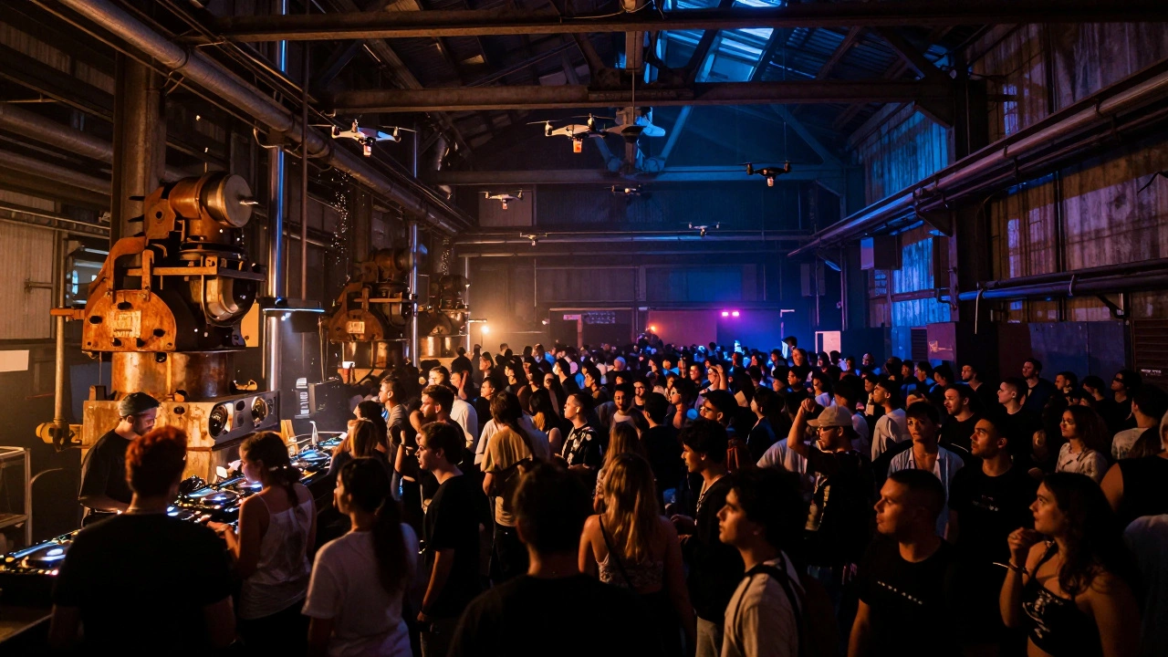 Vast Printworks nightclub at 3 a.m. with 3,000 people dancing as drones deliver drinks above the crowd.