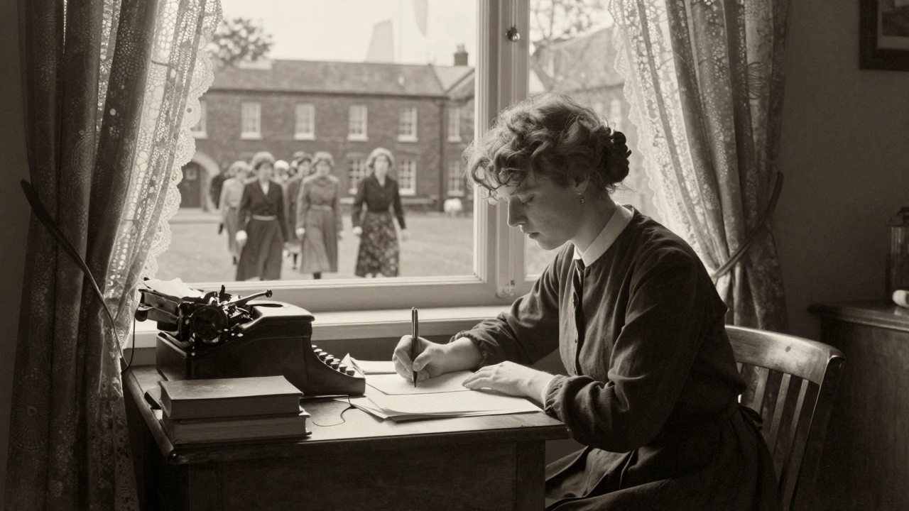 Winifred Holtby writes at her desk in a modest Croydon flat, sunlight streaming through lace curtains as women walk past a schoolhouse.