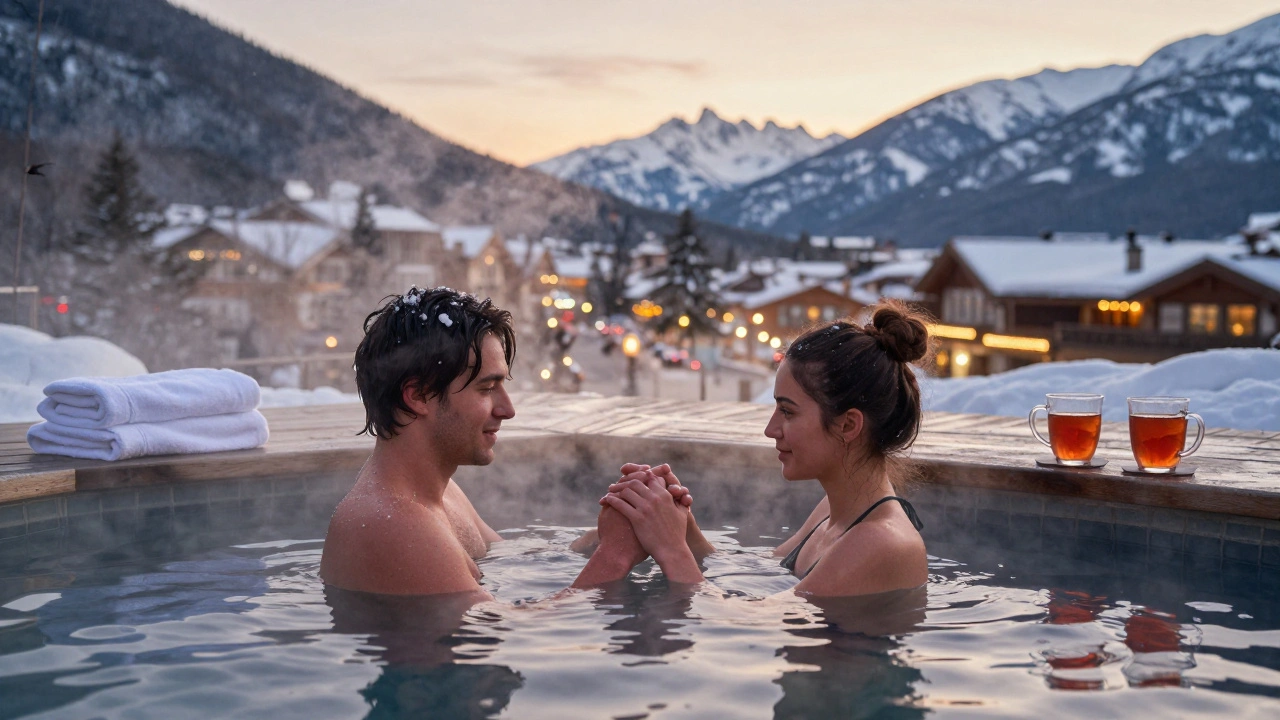 A couple soaking in a snow-dusted hot spring in Banff, with mountain lights glowing in the distance.