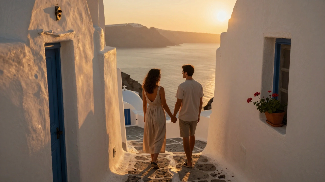 A couple stands hand-in-hand in a deserted Santorini alley as the sunset turns the walls golden.