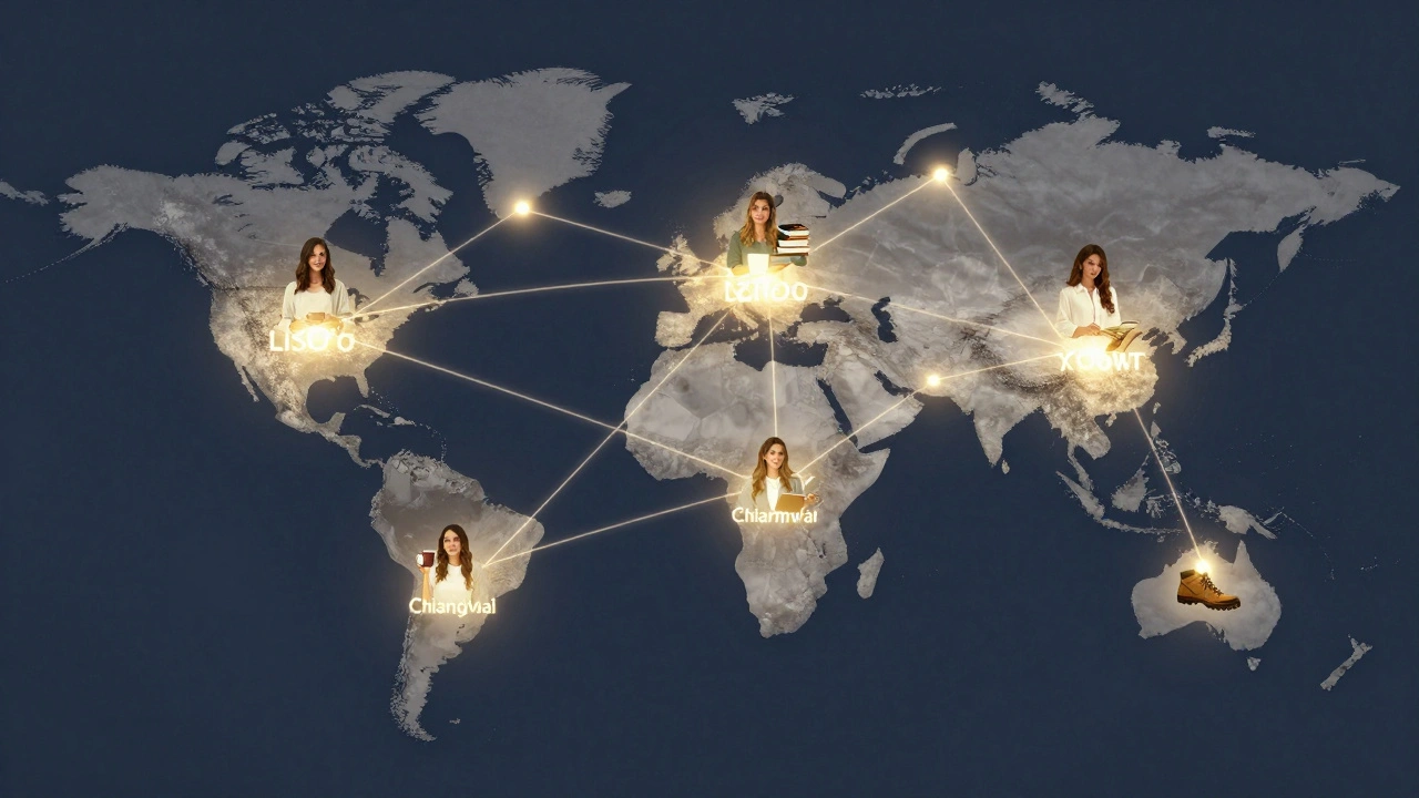 A global map with glowing connections between women travelers in Lisbon, Kyoto, and Chiang Mai, symbolizing digital community.