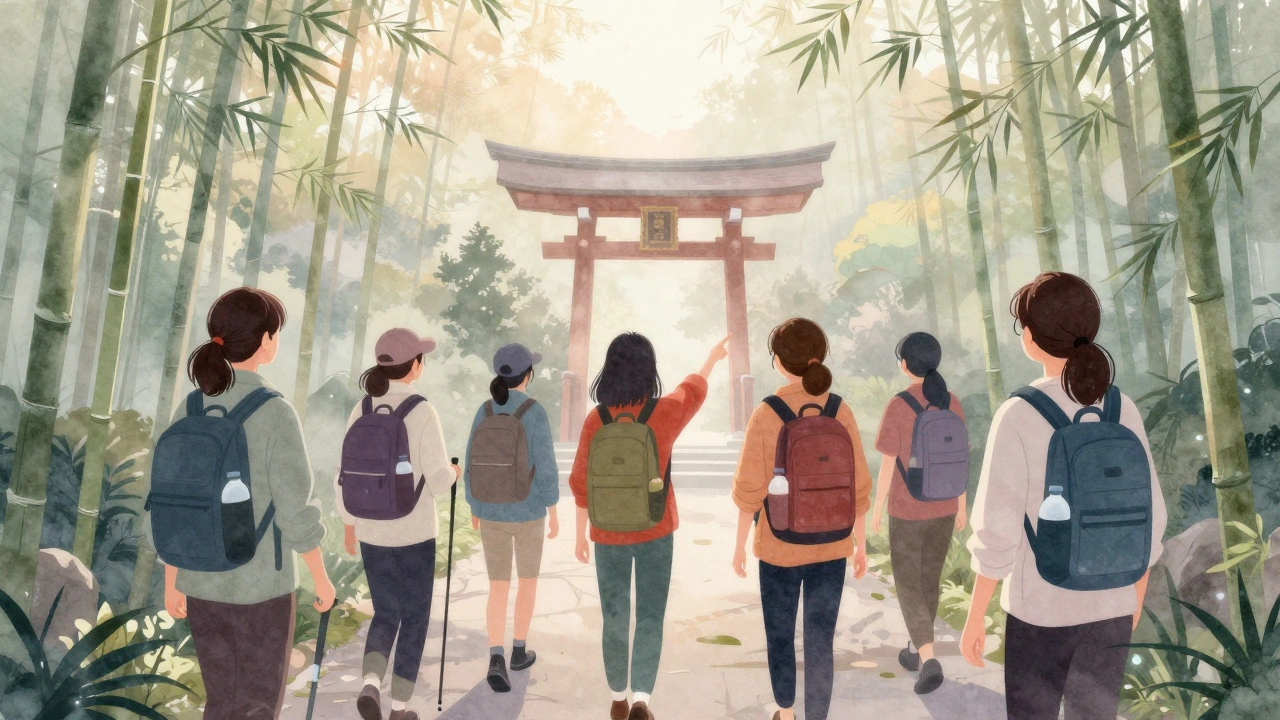 A group of solo female travelers hiking a misty mountain trail in Japan at dawn, pointing toward a hidden shrine.
