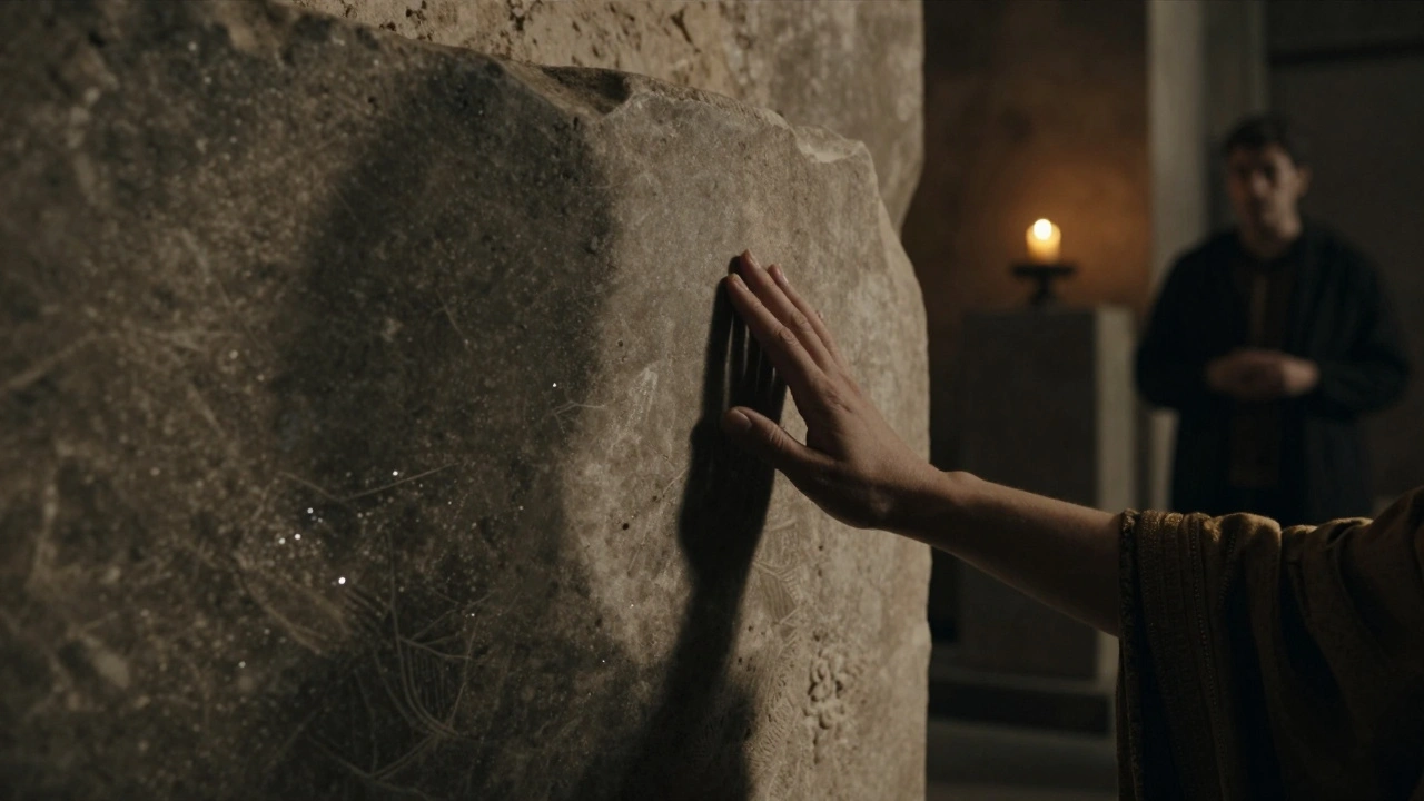 A hand touching a Roman altar stone in the London Mithraeum, lit by candlelight in ancient ruins.