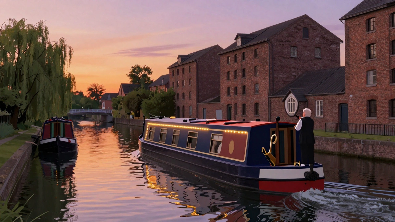 A narrowboat on Regent’s Canal at sunset, with houseboats and jazz music drifting from the decks.