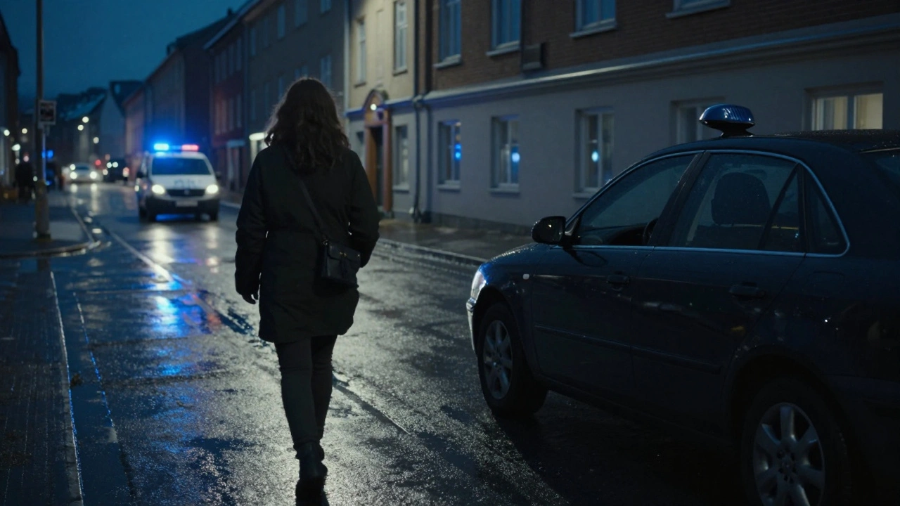 A Nordic street at night with a woman walking away from a car, under cold blue police light, symbolizing demand-targeting laws.