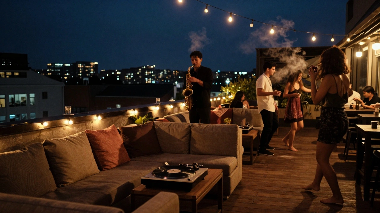 A rooftop party above a Thai restaurant with string lights, vinyl records, and a saxophonist playing under a glowing city skyline.