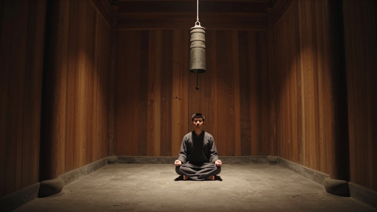A solitary person meditating on a heated stone floor in a silent, oak-paneled room with a single chime.