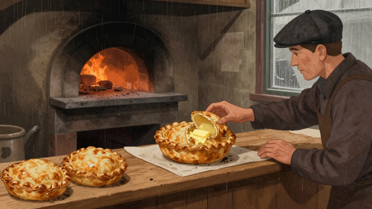 A traditional Cornish pasty with melted butter inside, baked in a soot-covered wood-fired oven in a small Bermondsey shop.