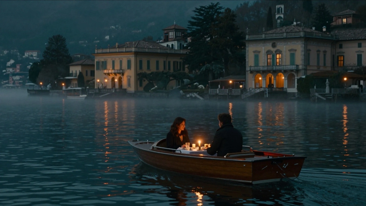 A vintage boat on Lake Como at night, lit by lanterns, as a couple shares dinner in the mist.