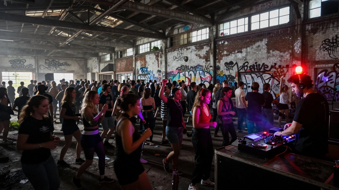 A warehouse rave in an old factory with a crowd dancing under strobe lights, dust swirling in the air.