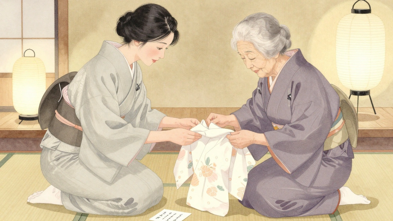 A woman and elderly local woman folding a kimono together in a Kyoto ryokan, peaceful and intimate.