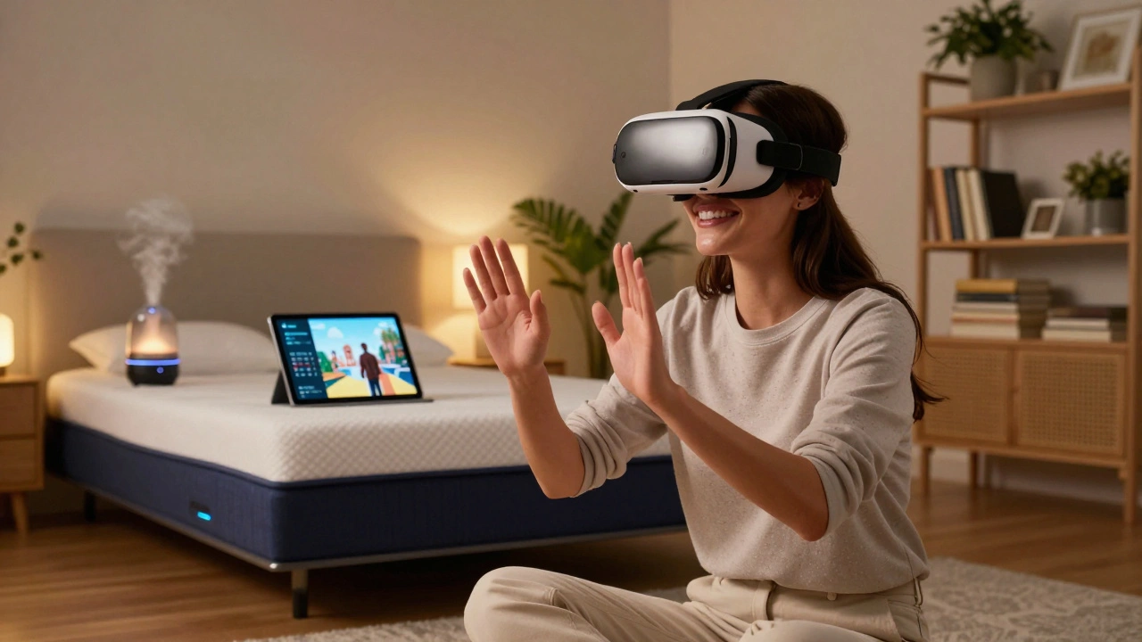 A woman using VR and smart devices for personalized, immersive adult content at home.