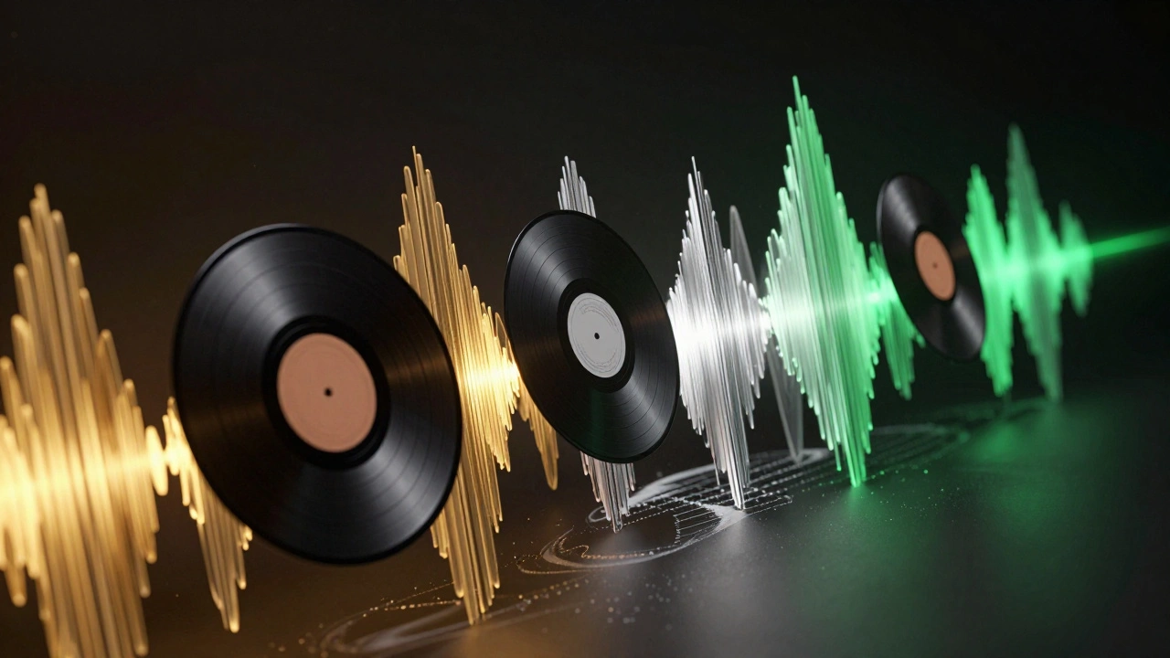 Abstract art showing vinyl records and digital sound waves merging.