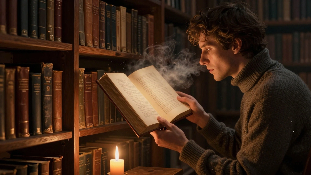 An antique book glowing with Braille text in a dim library, a man leaning close as if listening.