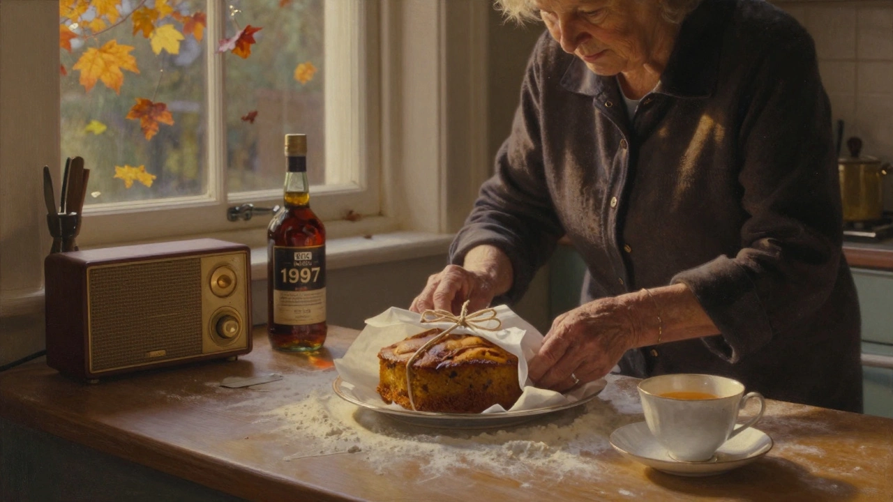 An elderly woman wrapping a spiced London Pride Cake in greaseproof paper, with a jar of dark rum and a vintage radio in the background.