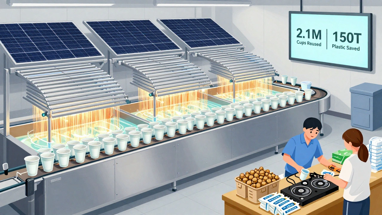 Behind-the-scenes cup washing station at Fabric Nightclub with solar-heated water, conveyor belts, and digital displays showing sustainability metrics.