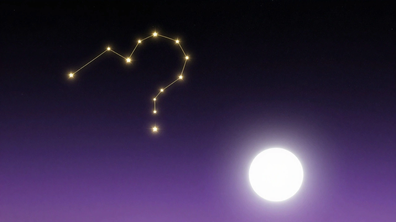 Bright planet and constellation shapes visible in dark night sky.