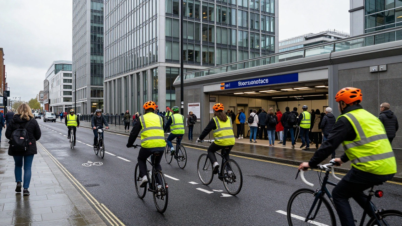 Commuters and cyclists near a modern office tower and subway entrance.