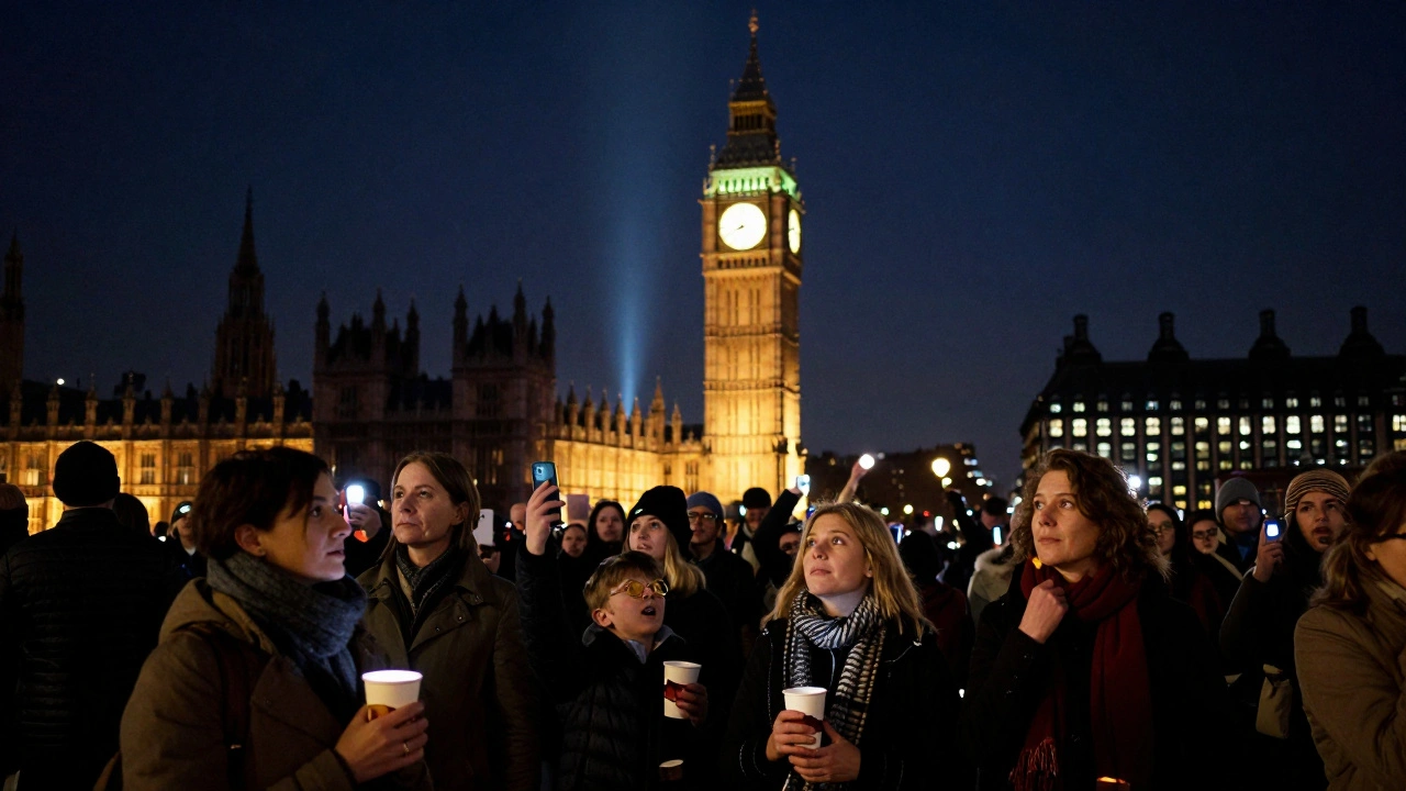 Crowd on Westminster Embankment waiting for New Year’s Eve chimes of Big Ben.