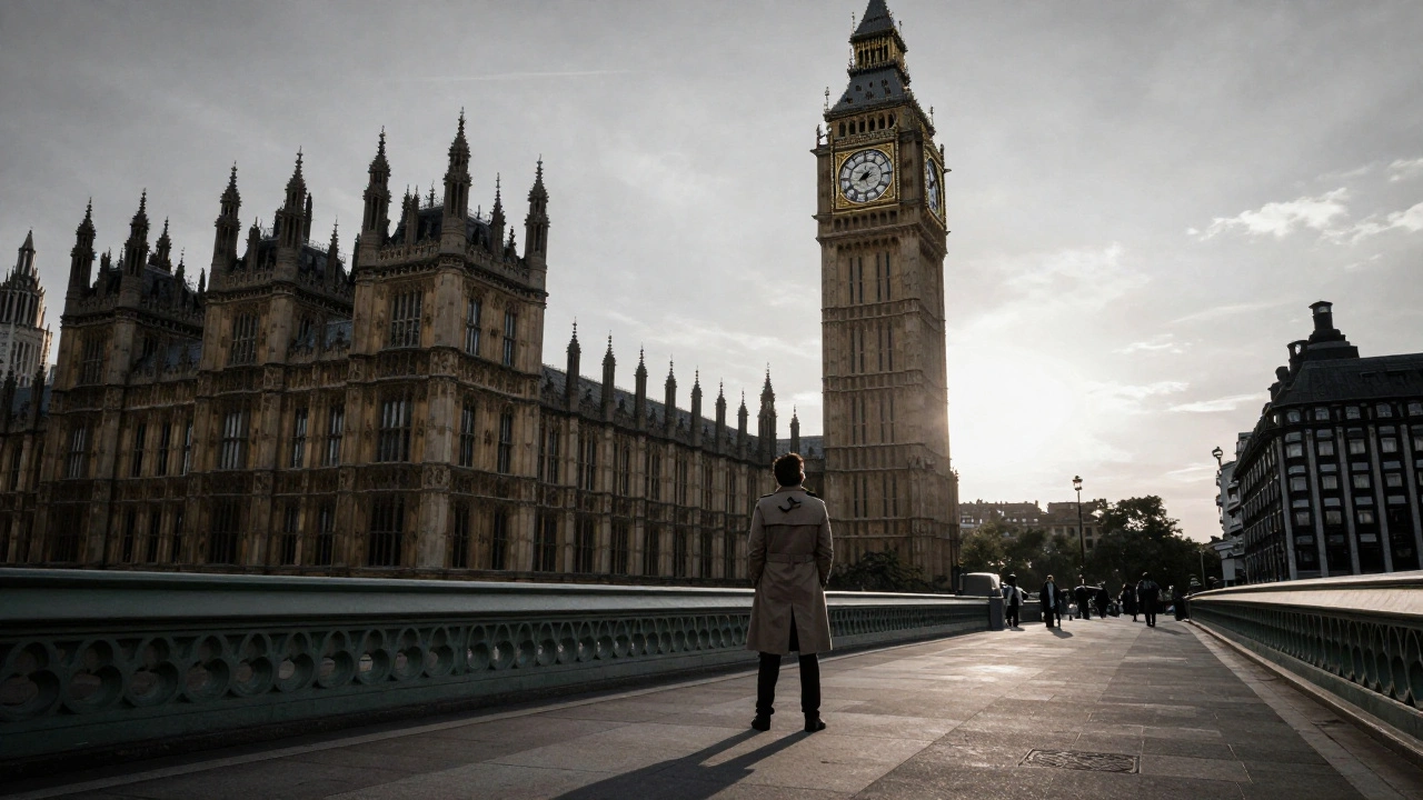Detective silhouette looking up at the clock tower at night.