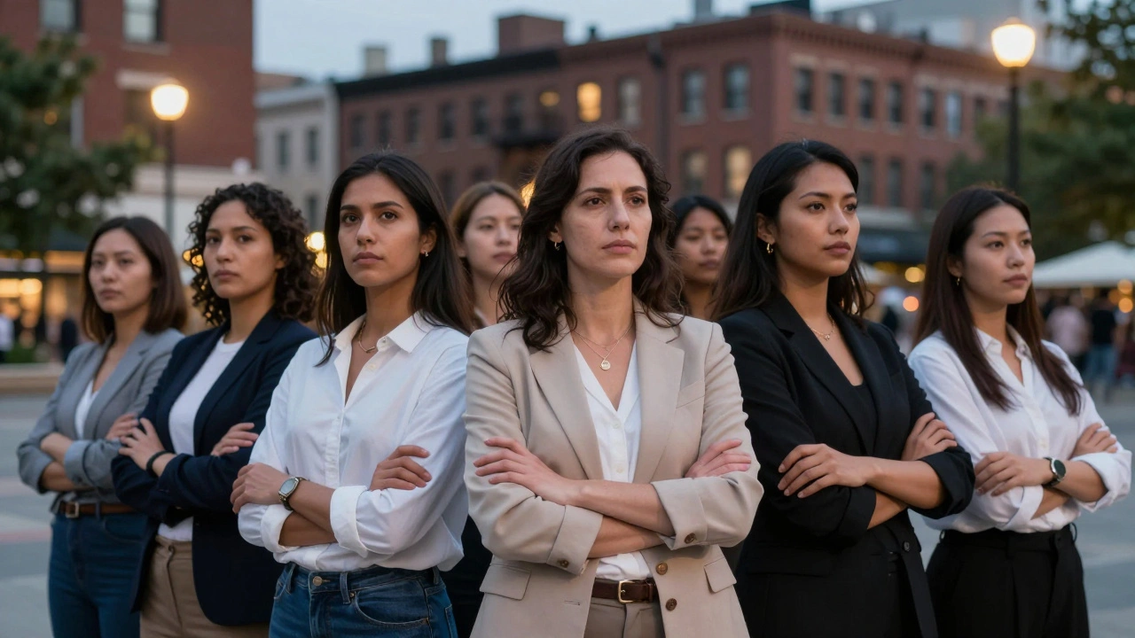 Diverse group of women standing arm-in-arm in solidarity on a plaza.