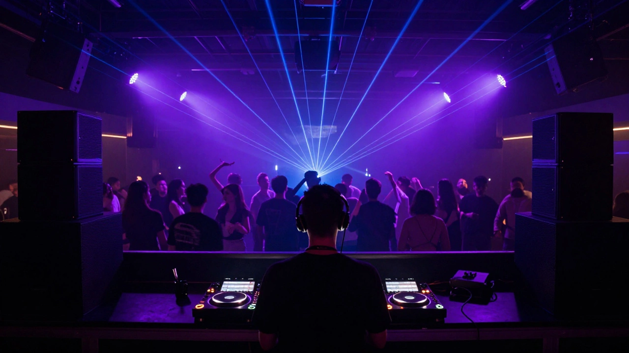 DJ booth view over a crowded dance floor with lasers and speakers.
