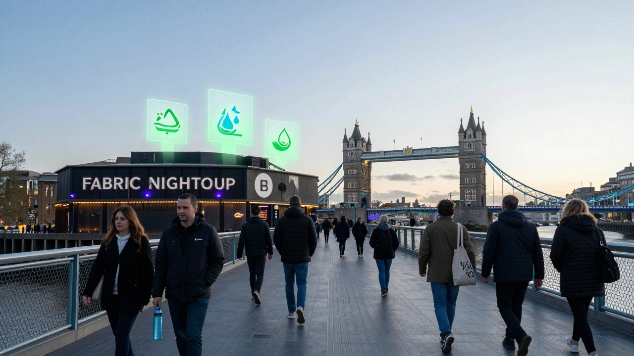 Fabric Nightclub at dawn surrounded by eco-conscious revelers walking to public transport, with floating icons of reduced emissions and renewable energy glowing above the building.