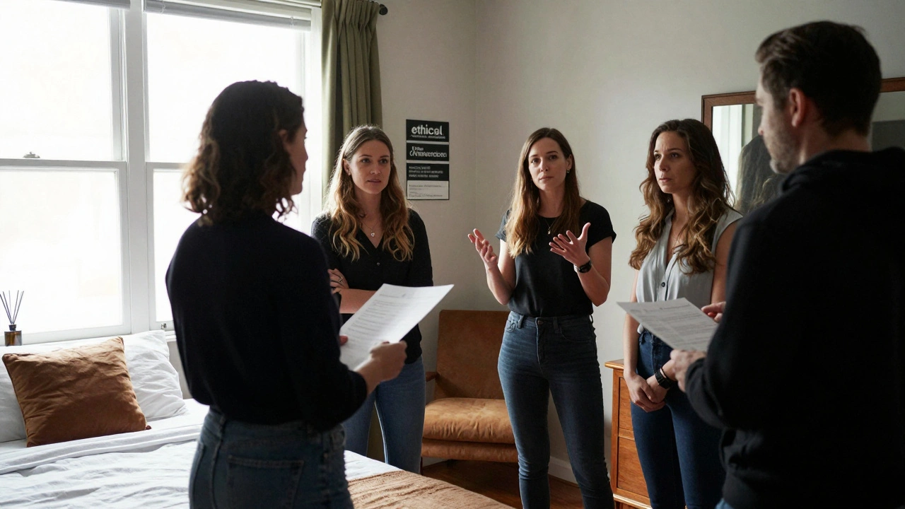 Female filmmakers and performers collaborating on set with ethical production tools visible.