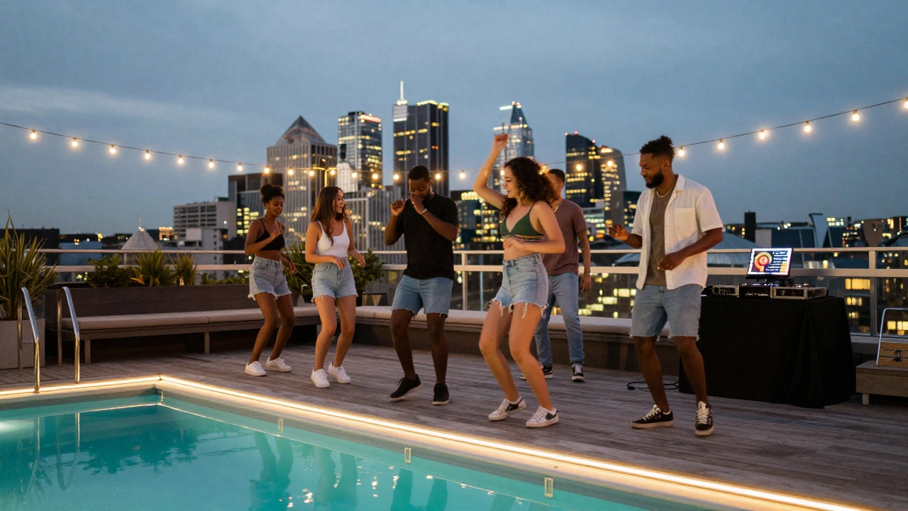 Group dancing on a rooftop pool deck at dusk with city lights in the background.