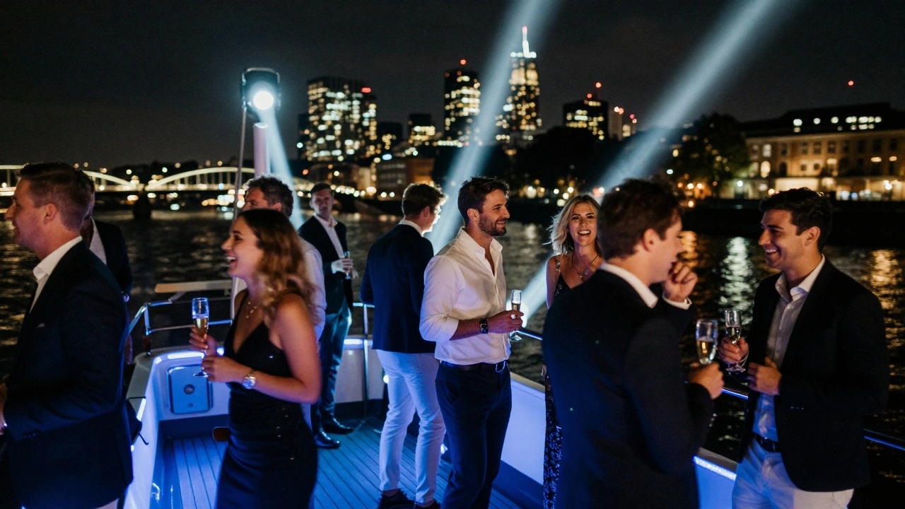 Guests celebrating on a lit boat deck at night
